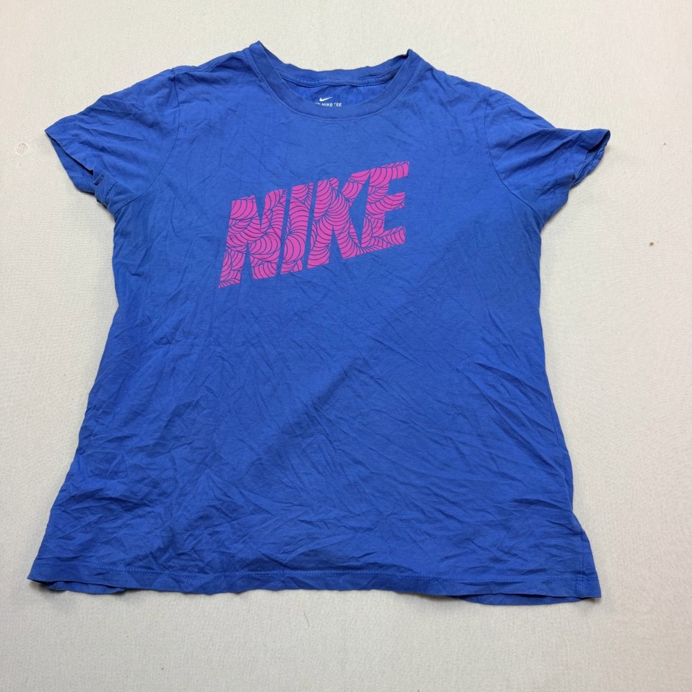 Nike Graphic Tee Men Large Blue Excellent Pink Wavy Logo Short Sleeve T-Shirt